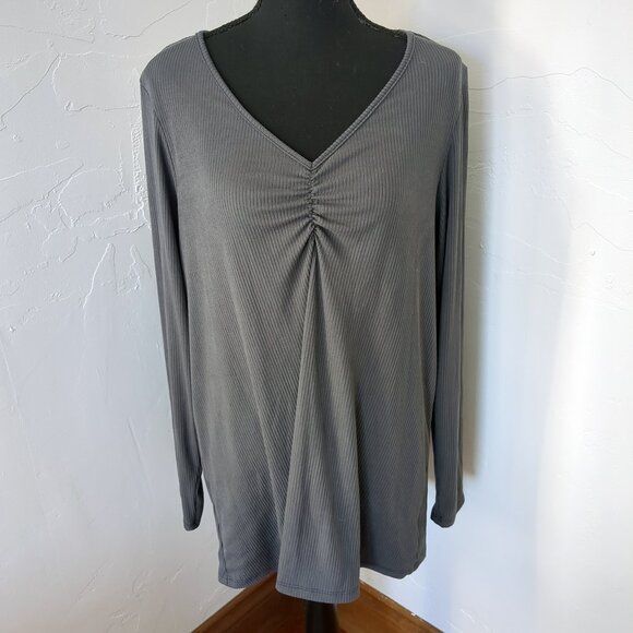 Torrid Cinch Front Top Rib Slate Ribbed Longline Charcoal V-Neck Stretch Tee - Picture 4 of 15